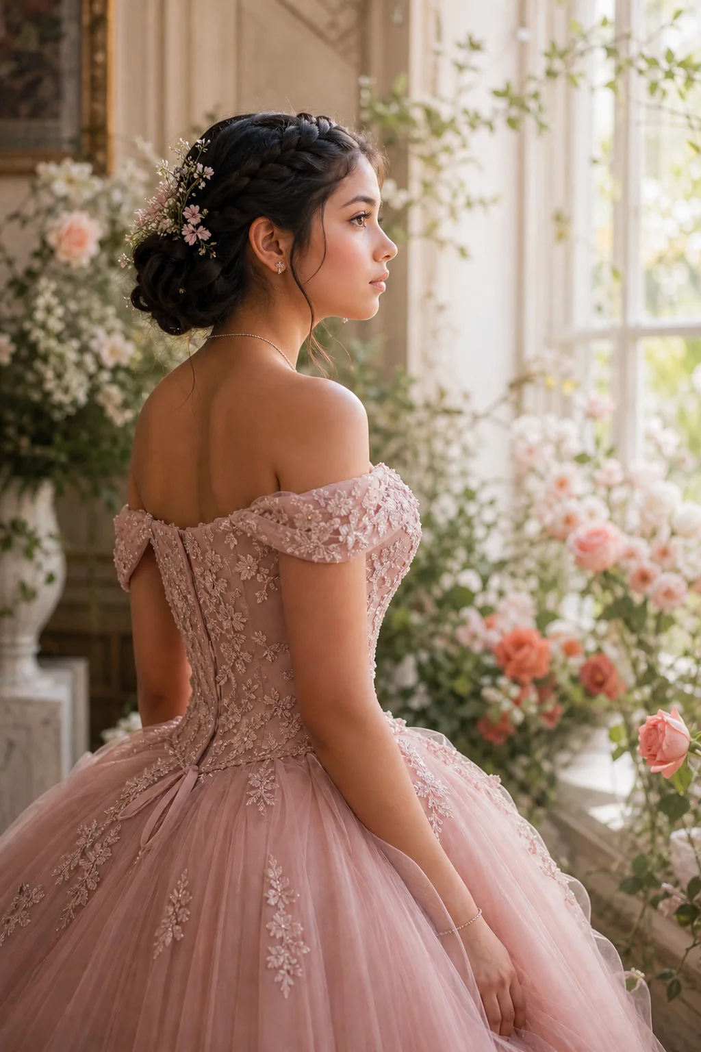 Quinceañera frente a un jardín iluminado